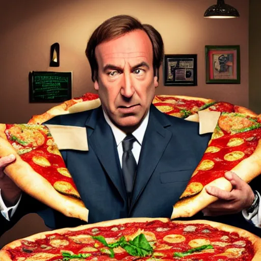 Image similar to Saul Goodman eating a gigantic pizza covering an entire room