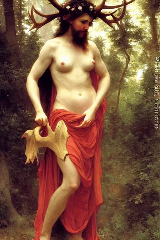 Prompt: druid shaman with antlers, bouguereau