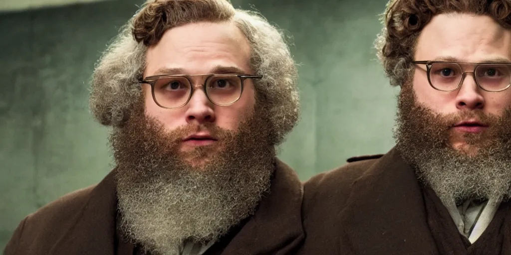Prompt: Seth Rogen as Karl Marx in 'Marx' (2022), movie still frame