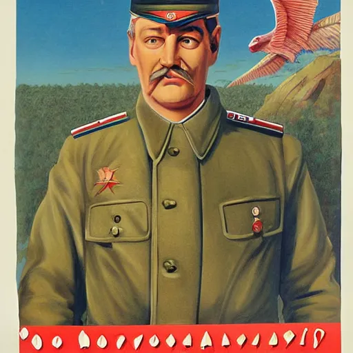 Prompt: a detailed and complex, highly detailed, soviet propaganda poster depicting a dromaius in military uniform. painting by dmitri moor