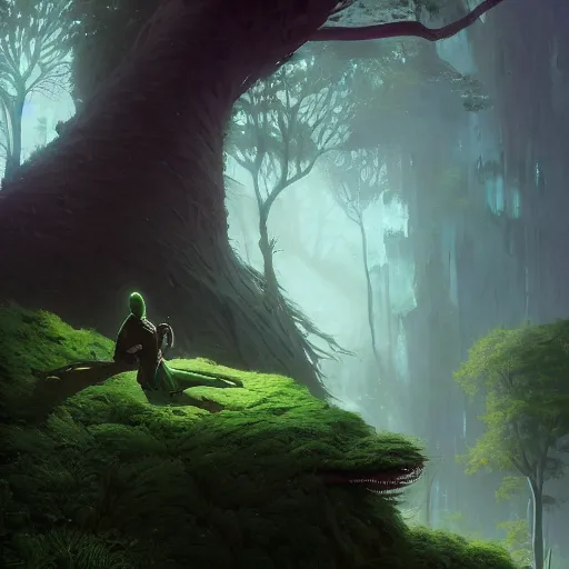 Image similar to green creature with long fingers disguised as a human, unreal engine, fantasy art by greg rutkowski, loish, rhads, ferdinand knab, makoto shinkai and lois van baarle, ilya kuvshinov, rossdraws, tom bagshaw, global illumination, radiant light, detailed and intricate environment