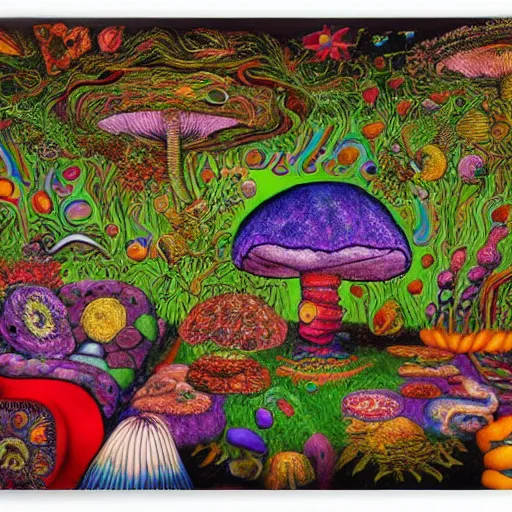 Image similar to psychedelic trippy couch in forest, planets, flowers, mushrooms milky way, sofa, cartoon by giuseppe arcimboldo