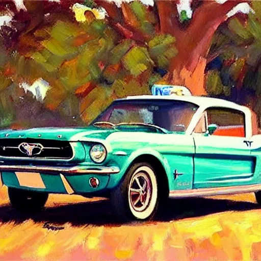 Prompt: Ford Mustang 1960, painting by Vladimir Volegov