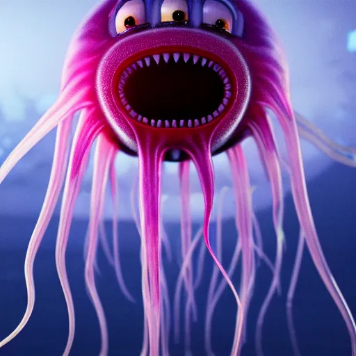 Prompt: a beautiful extreme wide photograph of a super cute jellyfish monster with huge sad eyes and sharp fangs in a wide open mouth, highly detailed, smooth, very very clean, 8 k, cinematic movie photograph, cinematic lighting, octane render, zbrush central contest winner, 3 d maya render