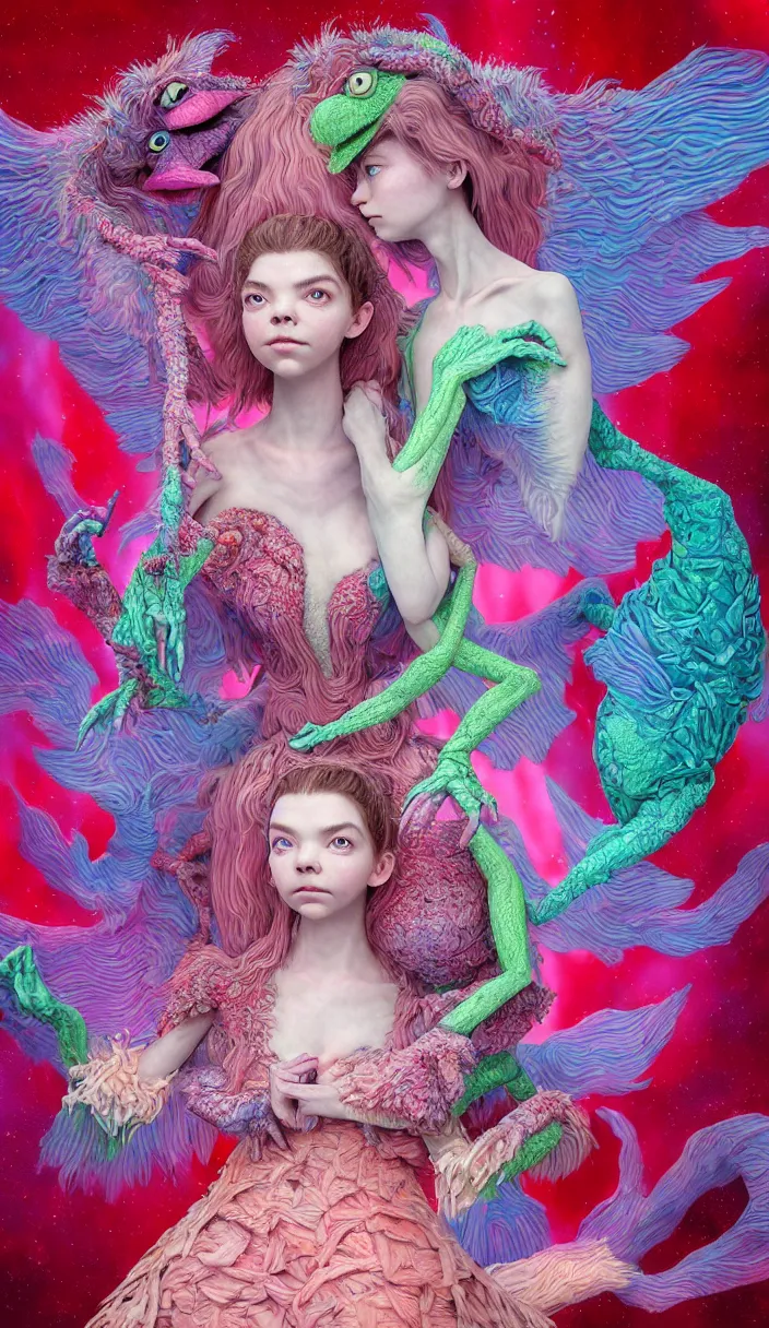 Image similar to hyper detailed 3d render like a Oil painting - kawaii portrait of two Aurora (a beautiful skeksis muppet fae princess protective playful from dark crystal that looks like Anya Taylor-Joy) seen red carpet photoshoot in UVIVF posing in scaly dress to Eat of the Strangling network of yellowcake aerochrome and milky Fruit and His delicate Hands hold of gossamer polyp blossoms bring iridescent fungal flowers whose spores black the foolish stars by Jacek Yerka, Ilya Kuvshinov, Mariusz Lewandowski, Houdini algorithmic generative render, Abstract brush strokes, Masterpiece, Edward Hopper and James Gilleard, Zdzislaw Beksinski, Mark Ryden, Wolfgang Lettl, hints of Yayoi Kasuma and Dr. Seuss, octane render, 8k