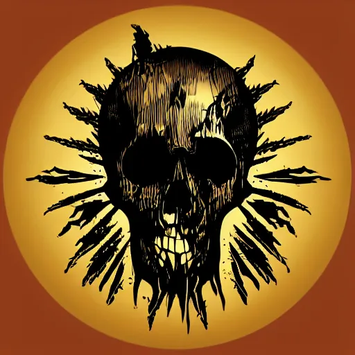 Image similar to dark death metal themed vector illustration for a record label, trees. forest, spikes, skull, microphone, skull, award winning, grunge, iconic, golden ratio