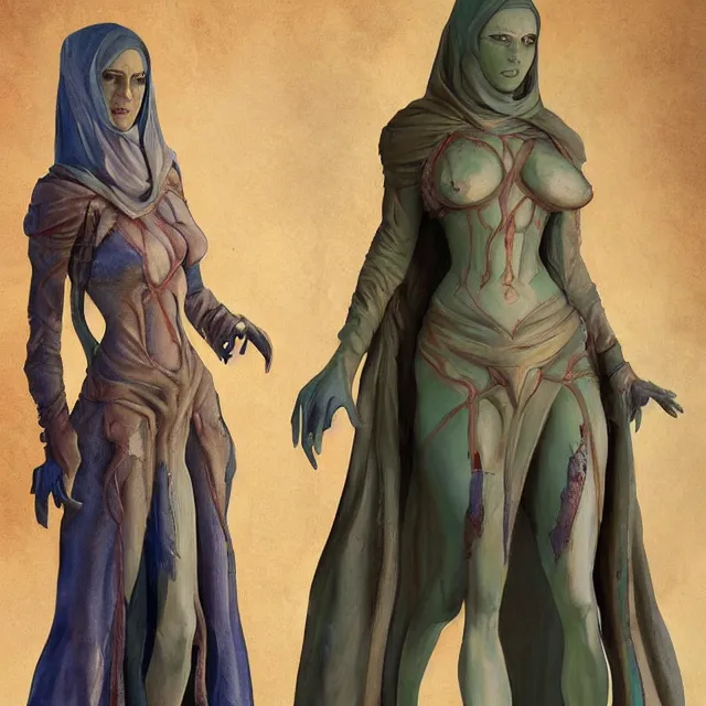 Image similar to a oil / watercolor painting full body character portrait of a irrational, uneducated female half - djinn heretic. she has a curvy build. her wardrobe is plain. in the style of moebius in the style of leonard boyarsky trending on artstation deviantart pinterest detailed realistic hd 8 k high resolution