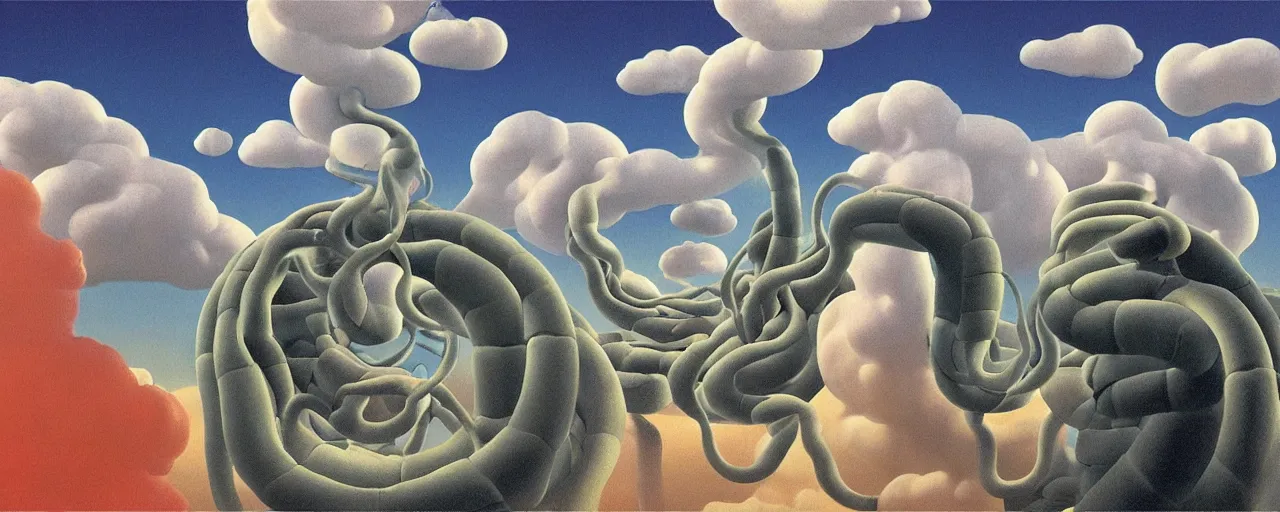 Prompt: a swirling cloud of snake medicine. Painting by René Magritte, 3D rendering by Beeple, sketch by R. Crumb