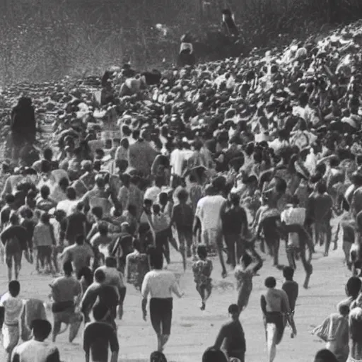 Image similar to a crowd of people run away from the tsunami
