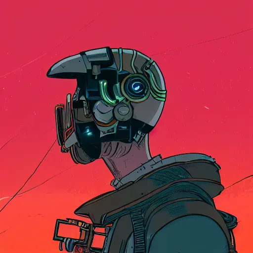 Prompt: in the style of max prentis and deathburger and laurie greasley a young mixed race male explorer wearing a cyberpunk headpiece who is communicating with a giant wise decaying robot head, highly detailed, 8k wallpaper