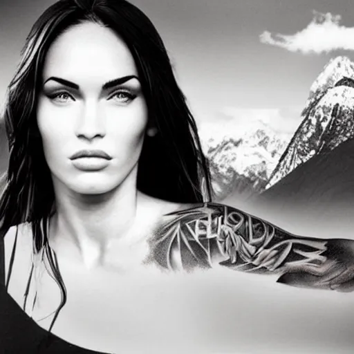 Prompt: realistic tattoo sketch of megan fox face professional double exposure effect with beautiful mountain scenery, in the style of matteo pasqualin, amazing detail, sharp, faded
