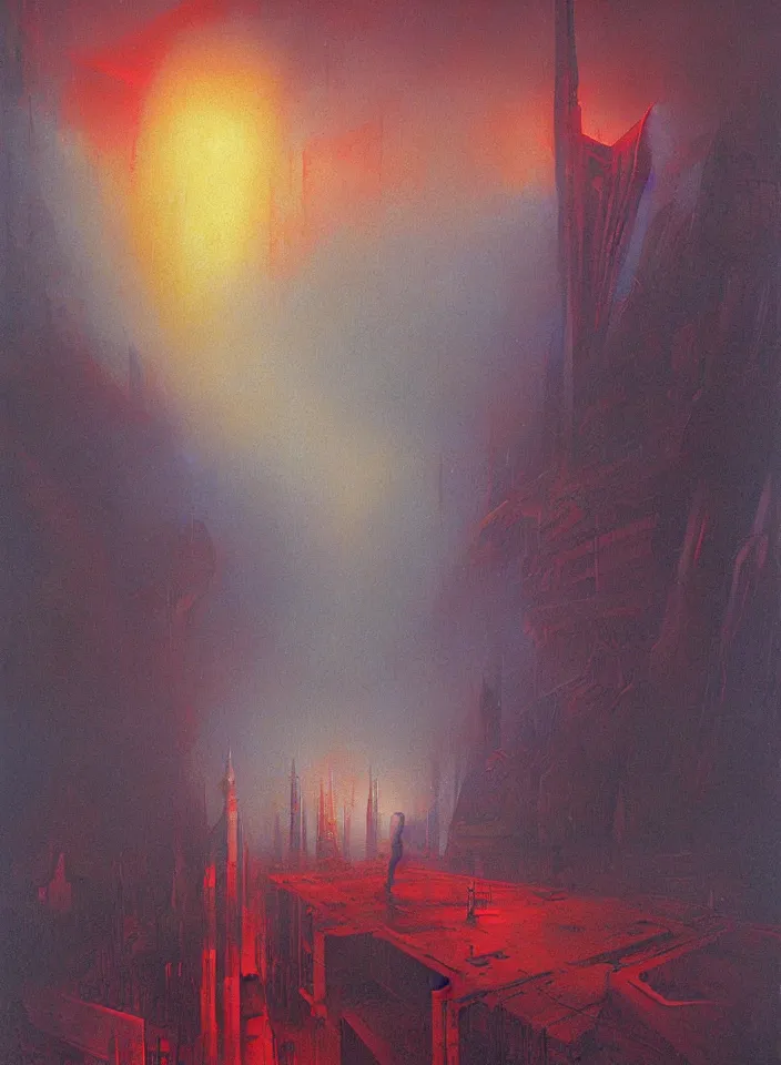 Image similar to the blind liberty of the few, red and purple palette, volume light, fog, by ( h. r. giger ) and paul lehr