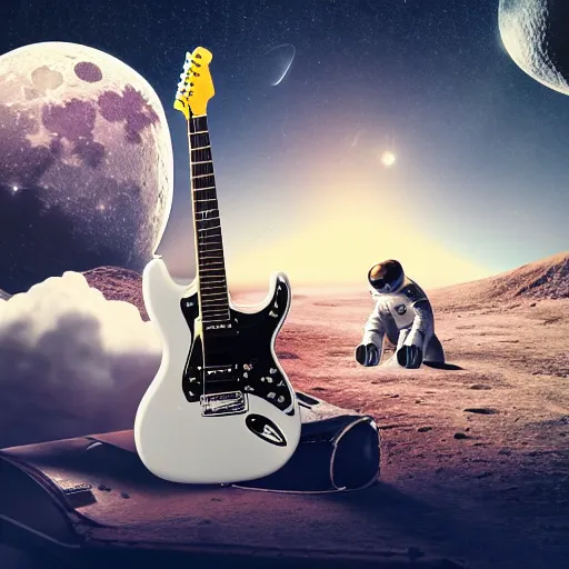 Image similar to a photo of a detailed, realistic, regular sized, sitting idle fender electric guitar next to a sitting idle beer can with an astronaut sitting down on the moon surface. detailed photo. realistic photo. cinematic. cinematic shot