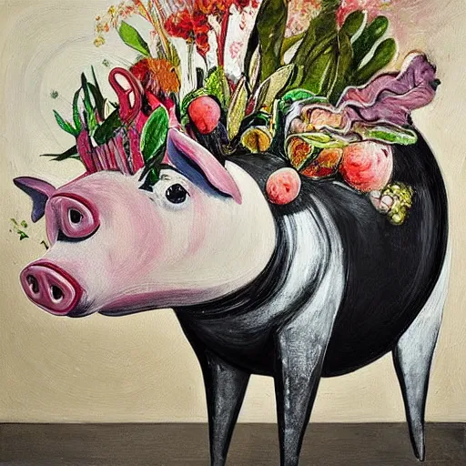 Image similar to “pig paintings and pig sculptures in a pig art gallery, pork, ikebana white flowers, white wax, squashed berries, acrylic and spray paint and oilstick on canvas, by munch and Dali”