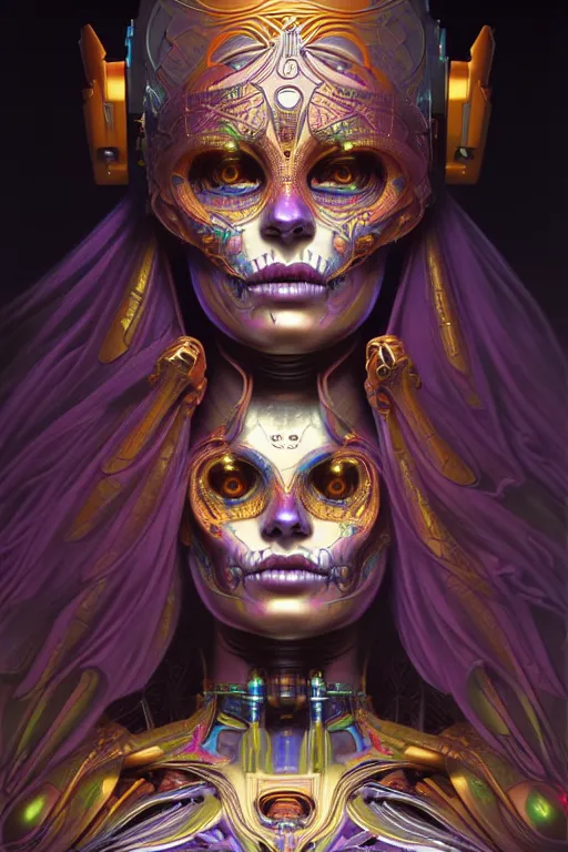 Image similar to ultra detailed Female Android deity, scifi, octane render, (dia de los muertos), asymmetrical, intricate concept art, triadic color scheme, art by artgerm and giger and DZO and greg rutkowski and alphonse mucha and WLOP