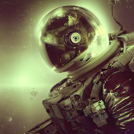 Prompt: concept art by craig mullins astronaut in futuristic dark and empty spaceship underwater. infrared complex and hyperdetailed technical suit. mandelbulb fractal. glowing light! reflection and dispersion materials. rays and dispersion of light. volumetric light. 5 0 mm, f / 3 2. noise film photo. flash photography. interstellar movie art