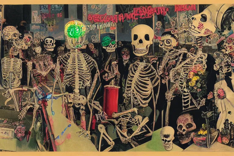 Image similar to scene from amusement arcade, day of the dead, cyber skeleton, queen in black silk in the center, neon painting by otto dix