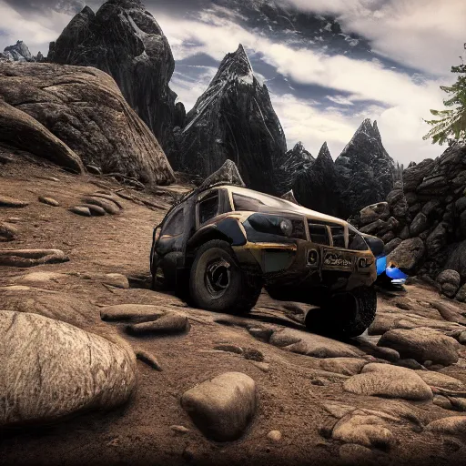 Image similar to Astronaut, Professional Photography, Skyrim, Off-roading, Mountain landscape, dirt, road, cinematic color, photorealistic, highly detailed wheels, highly detailed