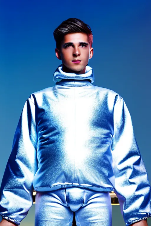 Prompt: un ultra high definition studio quality photographic art portrait of a young man standing on the rooftop of a british apartment building wearing very soft baggy inflated padded silver iridescent pearlescent clothing. three point light. extremely detailed. golden ratio, ray tracing, volumetric light, shallow depth of field. set dressed.