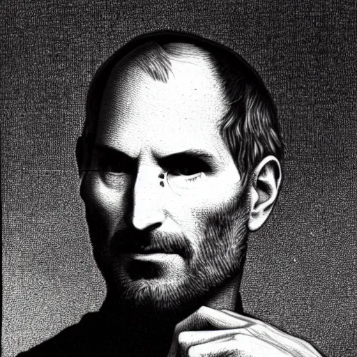 Image similar to portrait of steve jobs dramatic lighting by gustave dore and giger, museum print from copper plate etching, artstation