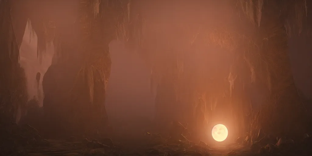 Image similar to dusky secret gateway on a spooky biome, foggs, full moon, behance, artstation, unreal render, unreal engine 5, octane, smooth, 8k