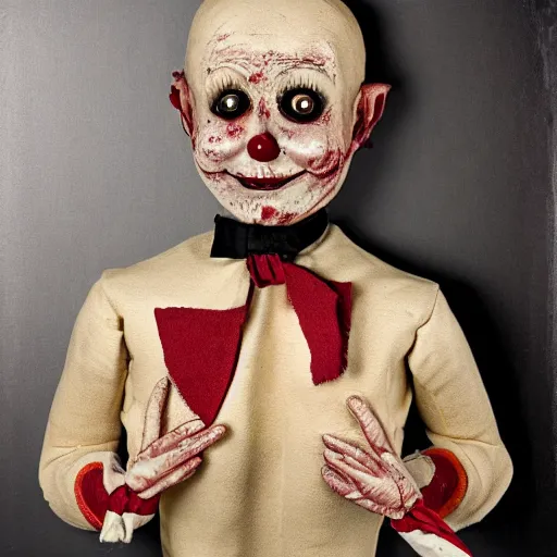 Image similar to high detailed portrait of a bloody ventriloqust dummy, scary, horrifying, creepy