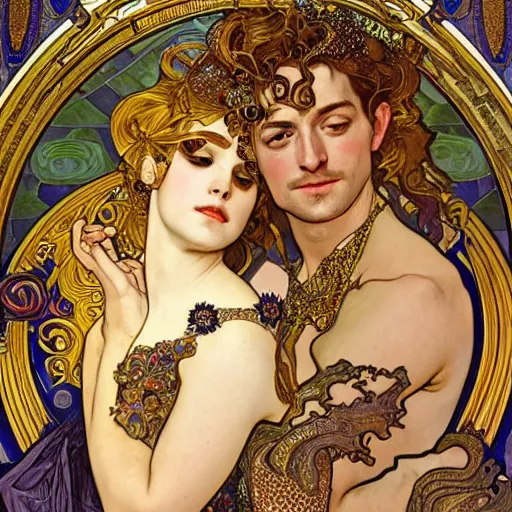 Prompt: realistic detailed dramatic symmetrical portrait of Adam and Eva as Salome dancing, wearing an elaborate jeweled gown, by Alphonse Mucha and Gustav Klimt, gilded details, intricate spirals, coiled realistic serpents, Neo-Gothic, gothic, Art Nouveau, ornate medieval religious icon, long dark flowing hair spreading around her