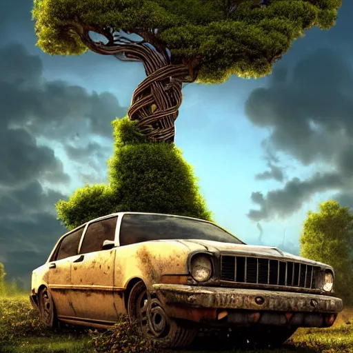 Image similar to a tree growing on a scrap car in ancient greek ruins, gray wasteland, many scrap cars, overgrown, pillars and arches, colorful flowers, vines, hyperrealistic, highly detailed, cinematic, ray of golden sunlight, beautiful, cgsociety, artstation, 8 k, pixar style by tristan eaton, artgerm, tom bagshaw