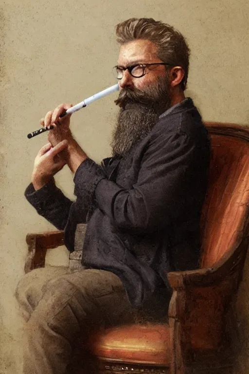 Image similar to portrait of a middle - aged writer with a beard, he is sitting on a chair, he is smoking a cigarette, style of greg rutkowski