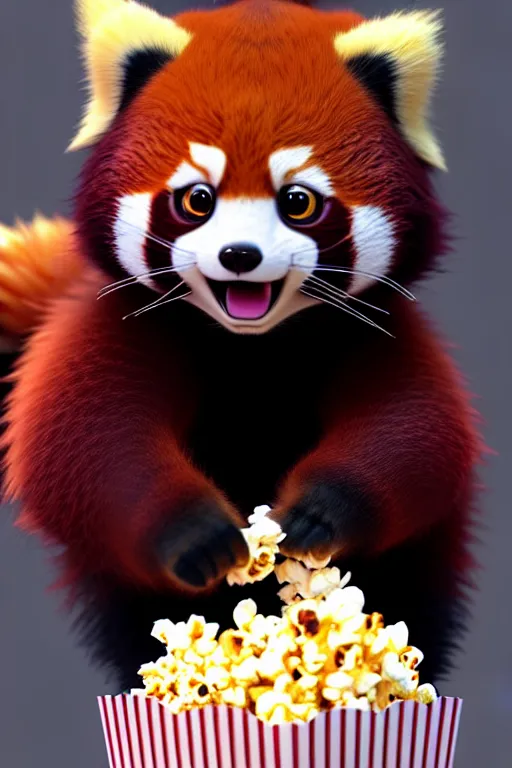 Image similar to high quality 3 d render hyperrealist very cute happy red panda & cat hybrid eating popcorn, vray smooth, detective pikachu, very dramatic light, low angle, uhd 8 k, shallow depth or field