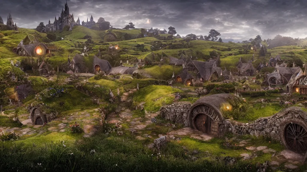 Image similar to a beautiful wide shot of hobbiton, middle earth, alan lee, fromsoftware, elden ring, dark souls, bloodborne, dark fantasy, realistic, highly detailed, 8 k, volumetric lighting, sinister lighting, detailed terrain, concept art, matte painting