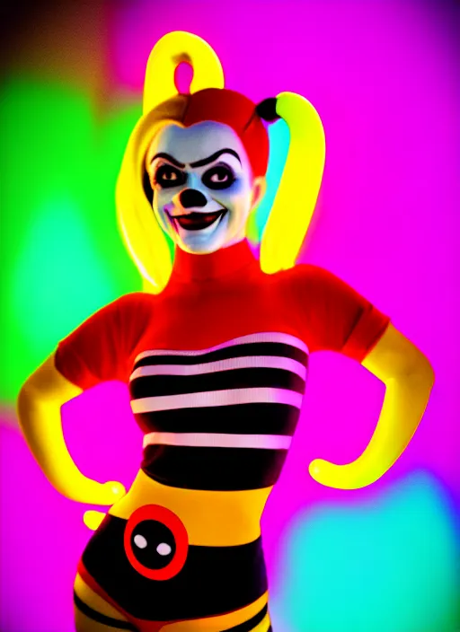 Image similar to kodak portra 4 0 0 of wendy's mascot wendy thomas as harley quinn, neon mood 8 k, soft light, volumetric lighting, highly detailed, 1 5 0 mm lens, elegant, vhs still photo realistic skin, backlit texture