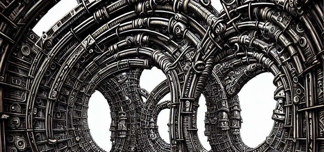 Image similar to a double helix dna cyberpunk steampunk stone carved archway, high details, lineart, by vincent di fate and joe fenton, inking, screen print, masterpiece, trending on artstation, sharp, high contrast, hyper - detailed,, hd, 4 k, 8 k