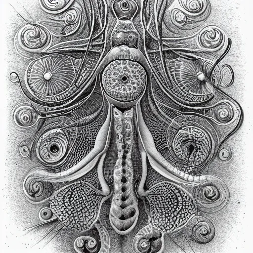 Image similar to a black and white drawing of a variety of sea life, a microscopic photo by ernst haeckel, zbrush central, kinetic pointillism, bioluminescence, intricate patterns, photoillustration