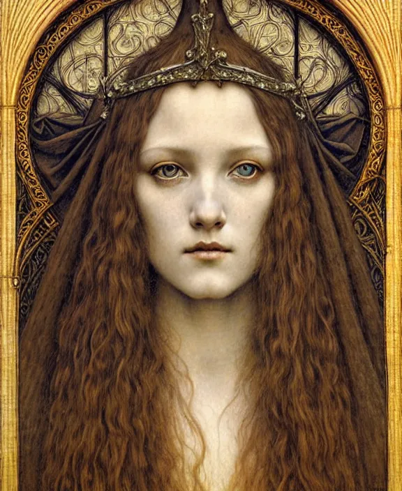 Image similar to detailed realistic beautiful young medieval queen face portrait by jean delville, gustave dore and marco mazzoni, art nouveau, symbolist, visionary, gothic, pre - raphaelite. horizontal symmetry