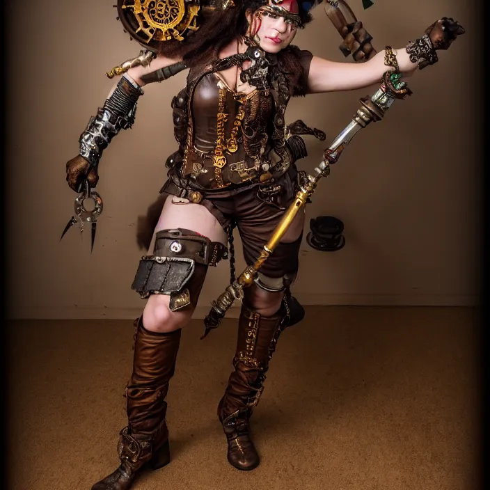 Prompt: full body photograph of achristina hendricks as a steampunk warrior, Extremely detailed. 8k