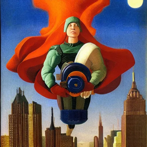 Image similar to yoked physique ultimate space villain super granny flies above new york city with her vacuum cleaner orwellian themes konstantin vasilyev grant wood jan van eyck john steuart curry