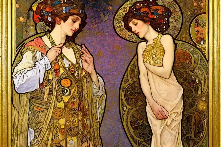 Image similar to the annunciation oil painting cross between the styles of alphonse mucha and gustav klimt gold leaf, intricate detailed,