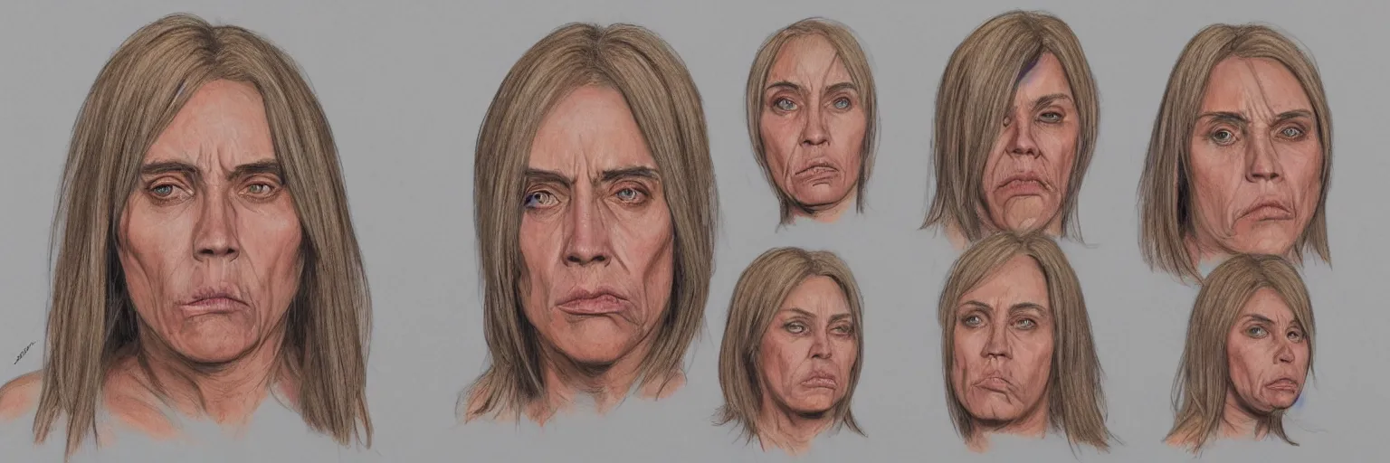 Image similar to colored pencils female character face study of iggy pop, fat woman, 5 5 yo, clear female iggy pop faces, emotional, character sheet, fine details, concept design, contrast, kim jung gi, pixar and da vinci, trending on artstation, 8 k, 3 6 0 head, turnaround, front view, back view, ultra wide angle