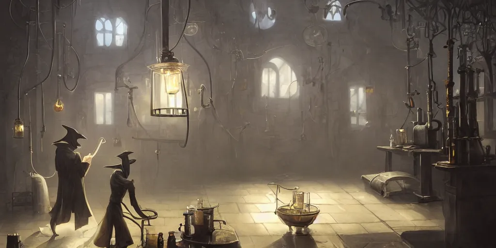 Image similar to a plague doctor and a humanoid rat in a laboratory with lots of flasks filled with magic liquids and poisonous fog, stephen bliss, unreal engine, fantasy art by greg rutkowski, loish, rhads, ferdinand knab, ilya kuvshinov, rossdraws, tom bagshaw, global illumination, radiant soft light, detailed and intricate environment