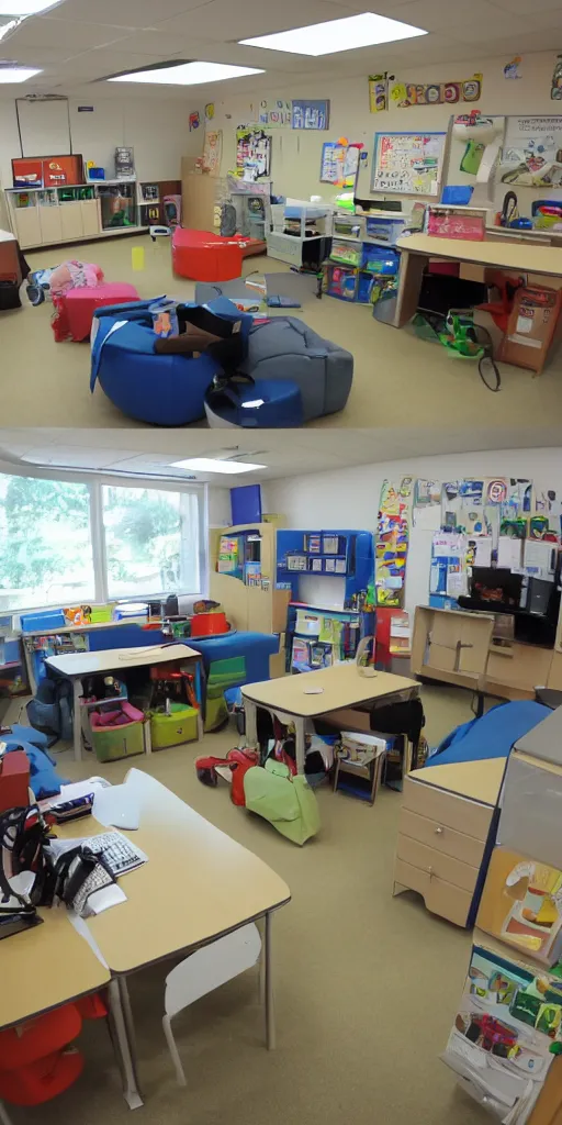 Prompt: photography, wide angle, children's computer classroom.