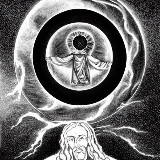 Prompt: jesus christ being consumed by an eldritch deity in the form of an eclipse, realistic, highly detailed