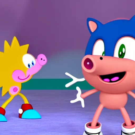 Image similar to sonic and peppa pig crossover, cartoon network stillframe, hd,