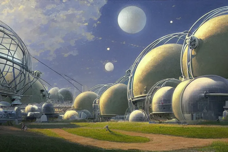 Image similar to an impressive science fiction big factory with a spherical architecture designed by boeing military and star wars with fat cables and pipes, on a beautiful green hill in a the french countryside during spring season, painting by studio ghibli backgrounds and louis remy mignot hd, nice lighting, smooth tiny details, soft and clear shadows, low contrast, perfect