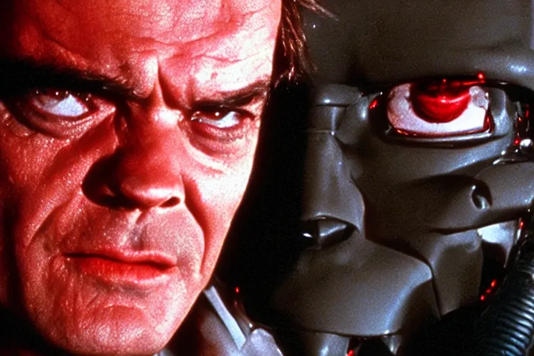 Prompt: Jack Nicholson plays Terminator, his eye glow red, still from the film