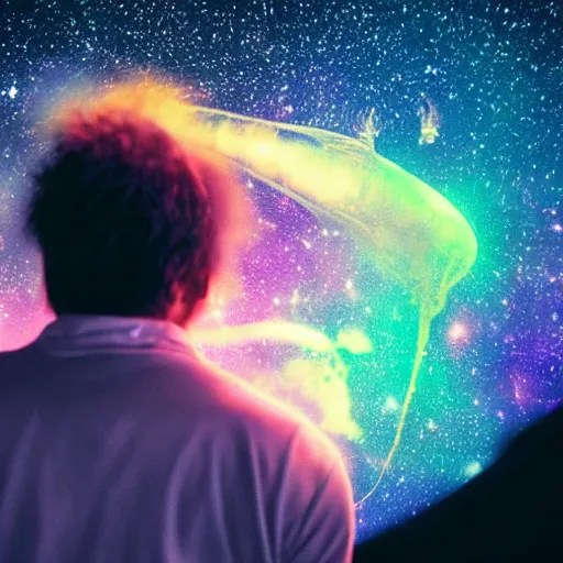 Prompt: over the shoulder photo of a man watching a magic cosmic glowing jellyfish in glowing cosmic stardust, colorful stars, galaxies, space, award winning photo, intricate, high detail, atmospheric, desolate