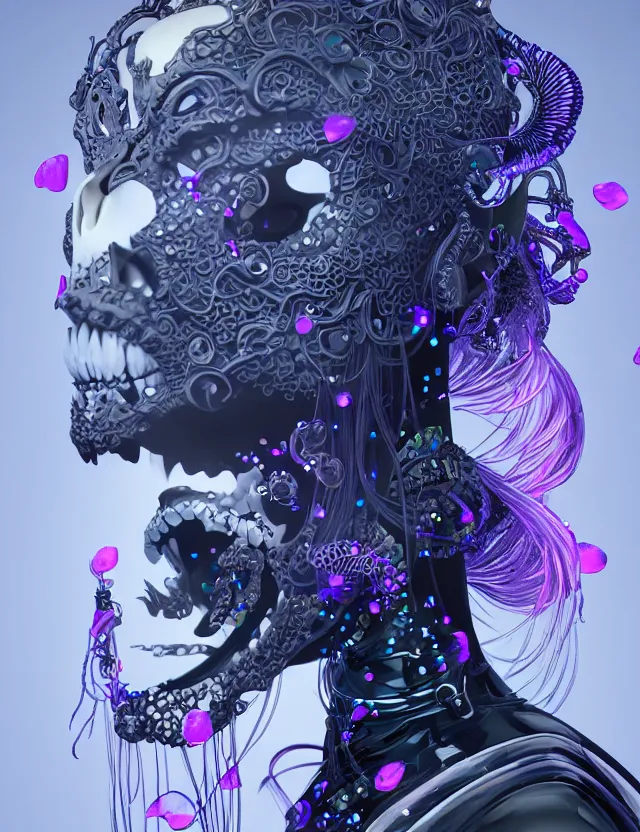 Image similar to 3 d goddess close - up profile simple portrait cybernetic with skull. beautiful intricately detailed japanese crow kitsune mask and clasical japanese kimono. betta fish, jellyfish phoenix, bio luminescent, plasma, ice, water, wind, creature, artwork by tooth wu and wlop and beeple and greg rutkowski