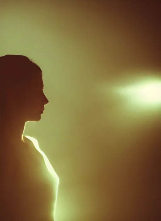 Image similar to a female silhouette, bright glowing translucent aura, fog, film grain, cinematic lighting