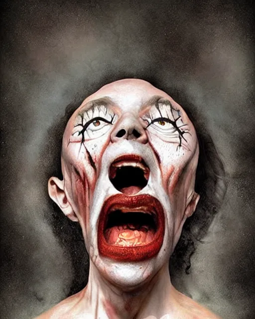 Image similar to halloween scream theme surrealist art in the styles of igor morski, jim warren, and a tim burton film, intricate, hyperrealistic, accurate facial details, profile picture with chromakey!!!!! background, milk - bath effect, volumetric lighting