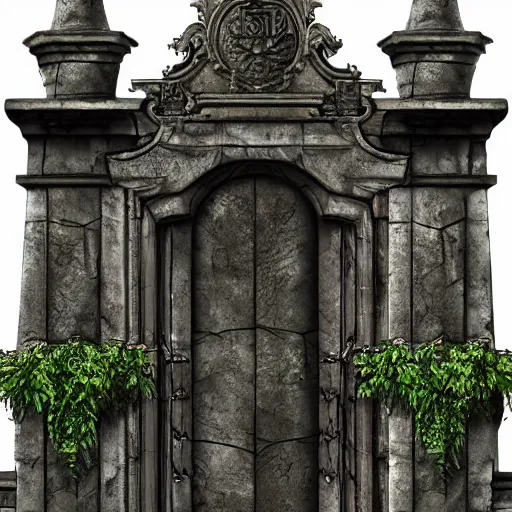 Prompt: entrance of a mansion, gargoyles, plants, highly detailed, realistic, background of resident evil game